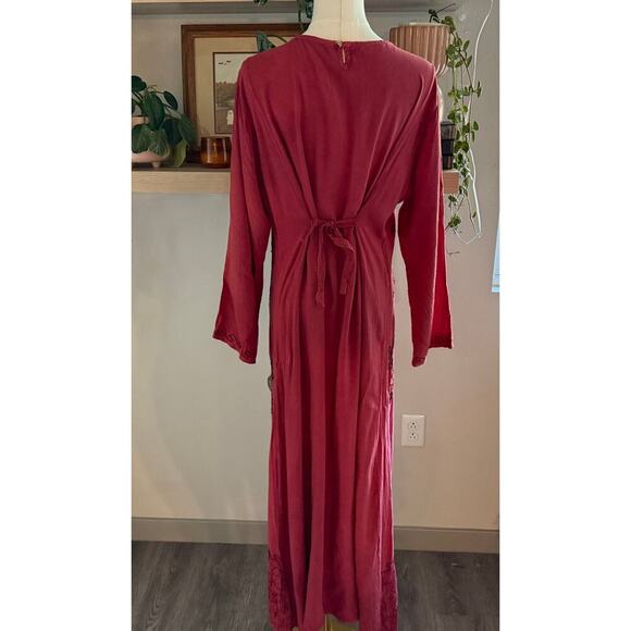 Vintage Boho Floral Embroidered Maxi Dress Pink One Size Hippie Lagenlook Artsy - Picture 2 of 12